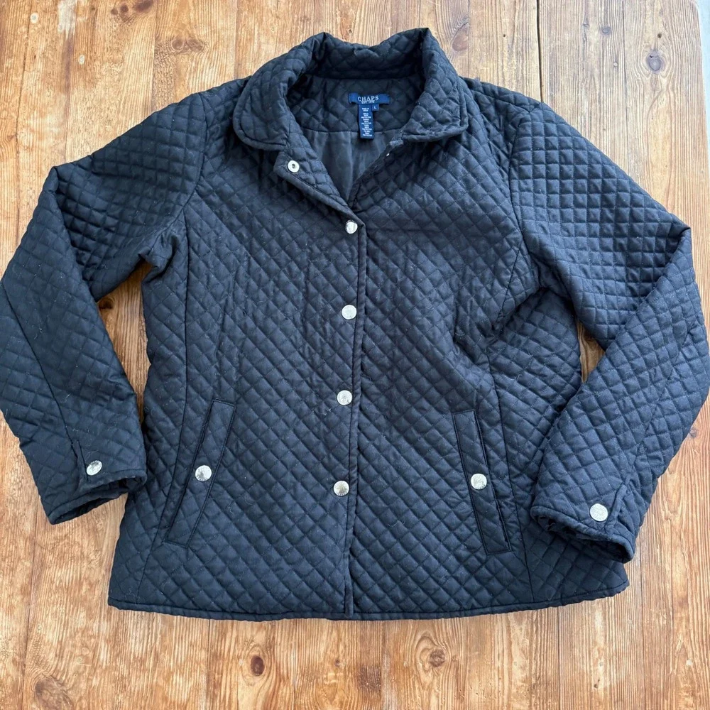 Chaps Black Quilted Diamond Stitch Snap Front Minimalist Jacket Womens Large EUC